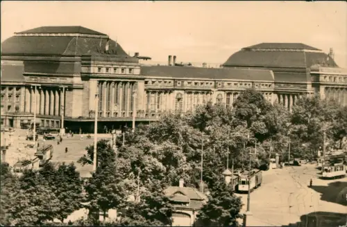 Ansichtskarte Leipzig Hauptbahnhof Straßenbahn 1957