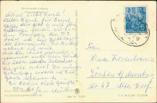 Ansichtskarte Leipzig Hauptbahnhof Straßenbahn 1957