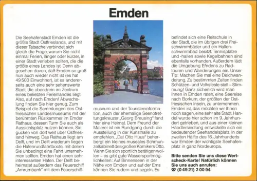 Emden Bild-Postkarte mit Ortsansicht, Drucksache Antwortkarte "Wertscheck" 1980