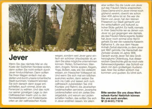 Jever Bild-Postkarte mit Ortsansicht, Drucksache Antwortkarte "Wertscheck" 1980