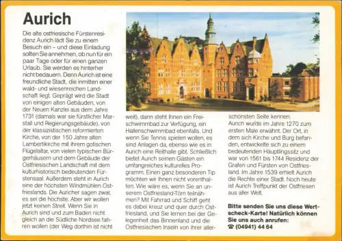 Aurich-Leer Ostfriesland Ortsansicht, Drucksache Antwortkarte "Wertscheck" 1980