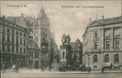 Ansichtskarte Frankfurt am Main Rossmarkt und Gutenbergdenkmal 1911