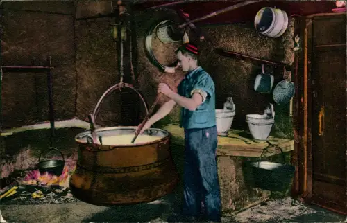 Ansichtskarte .Schweiz Armailli préparant le fromage Käse Zubereitung 1962