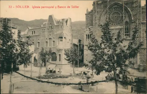 Postale Sóller (Mallorca) Iglesia parroquial y Banco 1912  Mallorca Balearen