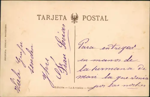 Postale Sóller (Mallorca) Iglesia parroquial y Banco 1912  Mallorca Balearen