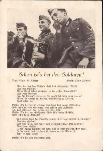 Ansichtskarte  Liedkarte Militär Schön ist's bei den Soldaten! 2. WK 1939