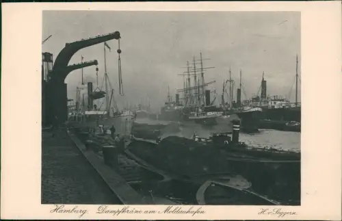 Ansichtskarte Hamburg Dampfkrane am Moldauhafen. Nebel Stimmungsbild 1928