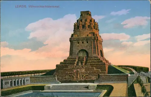 Leipzig Völkerschlachtdenkmal im Sonnenuntergang 1913 Sonderstempel