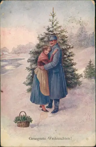 Ansichtskarte  Soldat und Liebste vor Tannenbaum Östrreich 1912