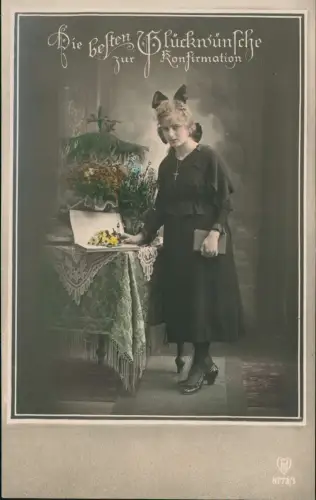 Ansichtskarte  Konfirmation Mädchen colorierte Fotokarte 1914