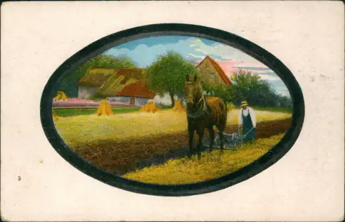 Bauer Landwirtschaft Pferd bei der Getreideernte Künstlerkarte 1916