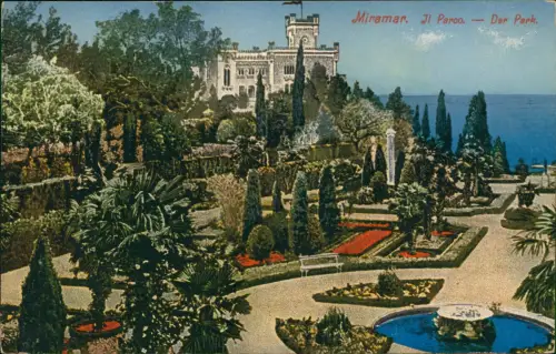 Cartolina Triest Trieste Castello di Miramare Il Paroo Der Park 1914