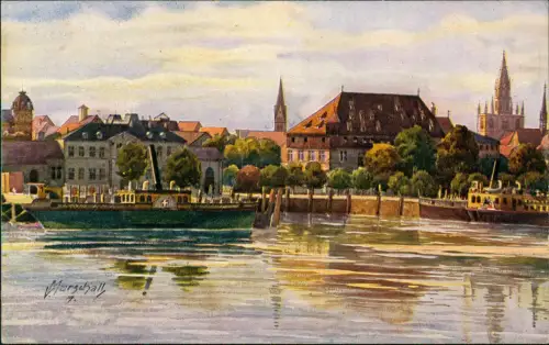 Ansichtskarte Konstanz Künstlerkarte sign. Marschall Stadt, Dampfer 1922