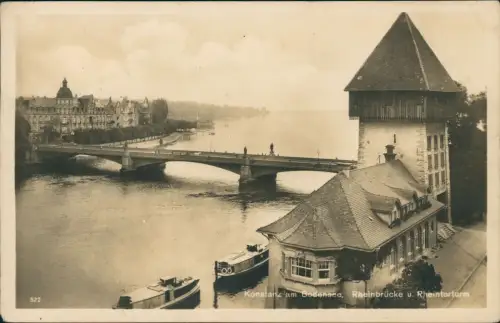 Ansichtskarte Konstanz Rhein Rheinbrücke u. Rheintorturm 1922