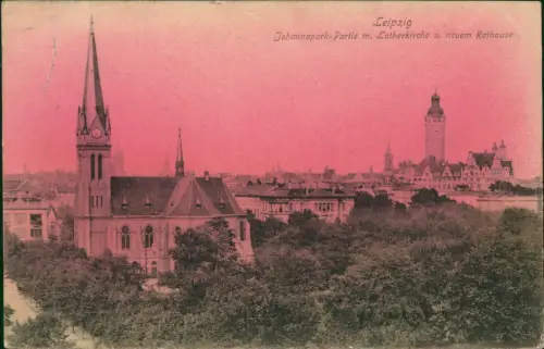 Ansichtskarte Leipzig Johannapark-Partie m. Lutherkirche rosa Färbung 1907