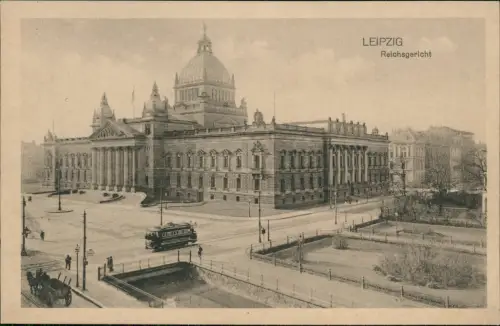 Ansichtskarte Leipzig Reichsgerichtsgebäude Straße Tram Pferdewagen 1928