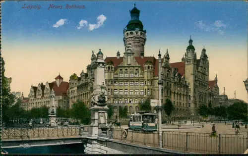 Ansichtskarte Leipzig Neues Rathaus Straßenbahn Tram 1914