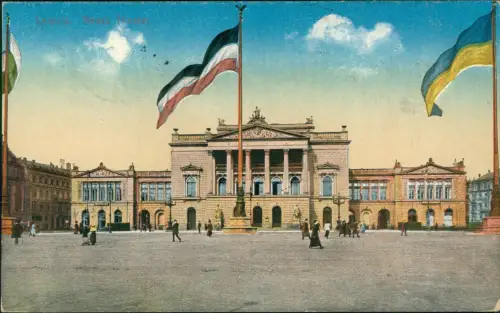 Ansichtskarte Leipzig Neues Theater, wehende Fahnen 1916  Feldpost Gohlis