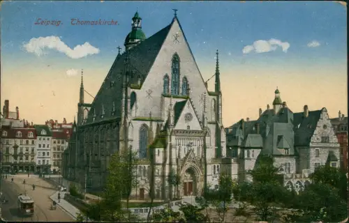 Ansichtskarte Leipzig Straßenbahn Straßenblick Thomaskirche 1915