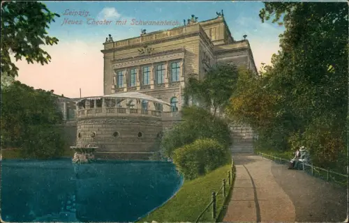 Ansichtskarte Leipzig Neues Theater mit Schwanenteich, 1914