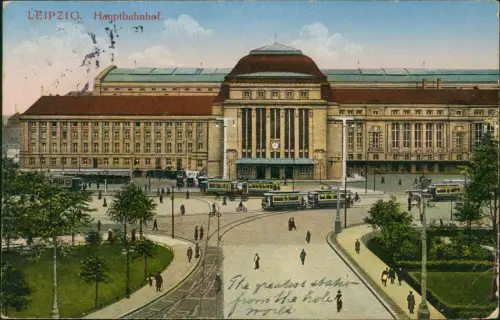 Ansichtskarte Leipzig Tram Straßenbahnen passieren Hauptbahnhof 1913