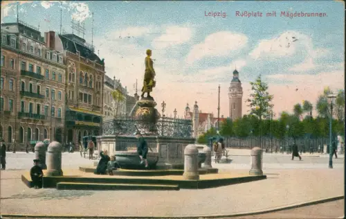 Ansichtskarte Leipzig Roßplatz mit Mägdebrunnen. 1910