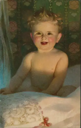 Ansichtskarte  Kinder Künstlerkarte junge strahlend im Bett 1926
