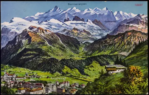Ansichtskarte Engelberg OW Künstlerkartekarte Stadt mit Berneralpen 1914