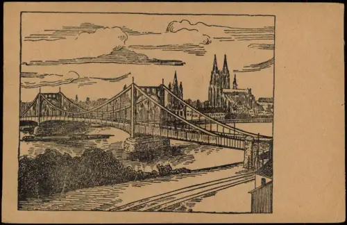 Deutz-Köln Düx Deutzer Brücke Köln von Deutz aus (Künstlerkarte) 1950