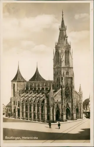 Ansichtskarte Reutlingen Fotokunst Marienkirche und Straßenbahn 1939