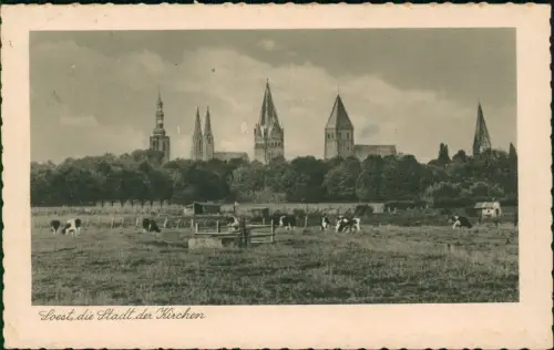 Ansichtskarte Soest Blick von der Weide Kühe auf die Kirchen 1936