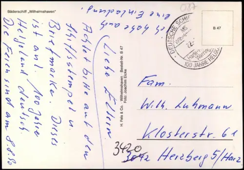 Ansichtskarte  Bäderschiff "Wilhelmshaven" 1991