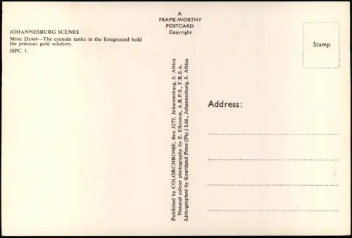 Postcard Johannesburg MINE DUMP Cyanide tanks 1970