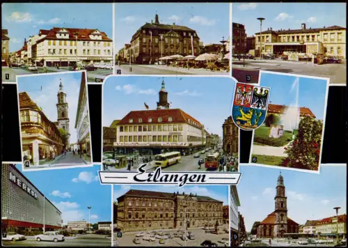 Erlangen Mehrbild-AK mit Ortsansichten u.a. Bahnhof, Apothekergasse uvm. 1975