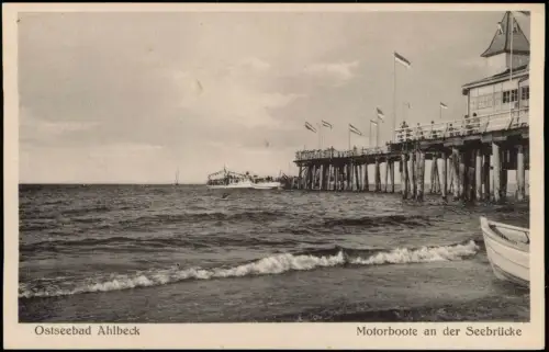 Ansichtskarte Ahlbeck (Usedom) Motorboote an der Seebrücke 1928