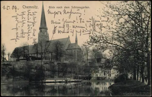 Ansichtskarte Chemnitz Blick nach dem Schloßgarten - Dampfer 1909