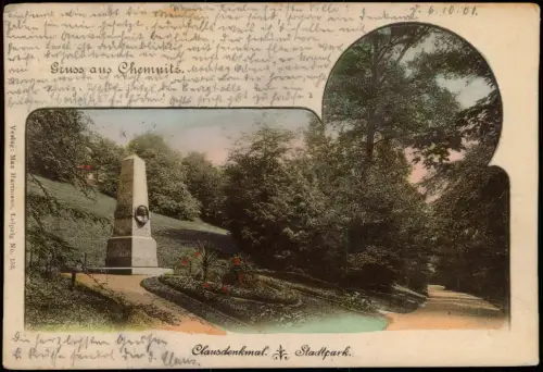 Ansichtskarte Chemnitz Stadtpark - Clausdenkmal colorierte AK 1901