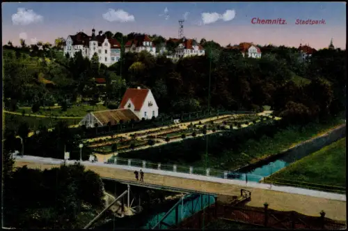 Ansichtskarte Chemnitz Stadtpark Gebäude Brücke 1912