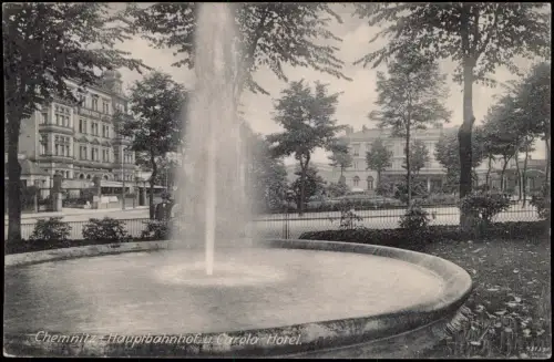 Ansichtskarte Chemnitz Hauptbahnhof u. Carola Hotel 1913