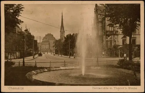 Ansichtskarte Chemnitz Carolastraße m. Theater u. Kirche 1929