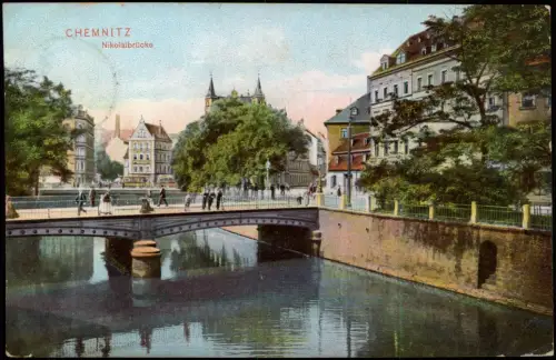 Ansichtskarte Chemnitz Straßenpartie an der Nicolaibrücke 1912