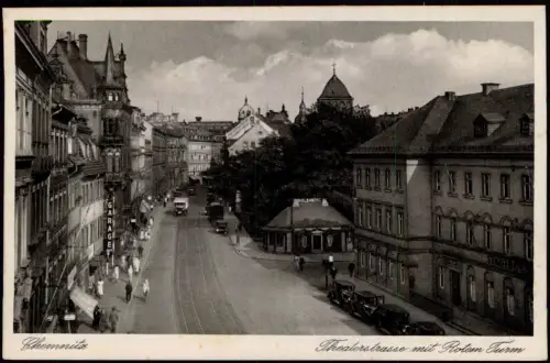 Ansichtskarte Chemnitz Theaterstraße mit Rotem Turm 1928