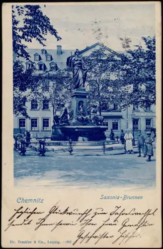 Ansichtskarte Chemnitz Kinder am Saxonia-Brunnen - Blaudruck 1899