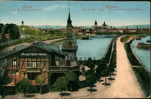 Mainz Panorama-Ansicht von der Eisenbahnbrücke Mainzer Ruder Verein 1920