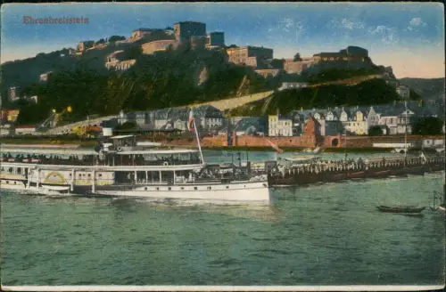 Ehrenbreitstein-Koblenz Panorama-Ansicht Burg, Schiff Anlegestelle am Rhein 1910