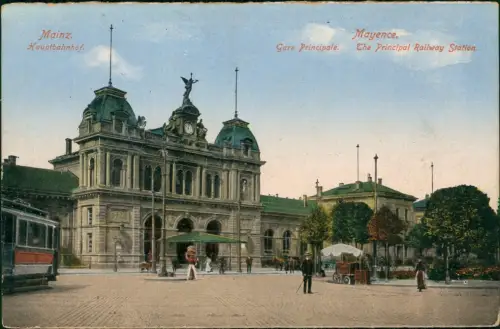 Ansichtskarte Mainz Bahnhof Vorplatz des Hauptbahnhof 1920