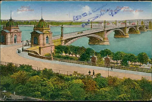 Ansichtskarte Mainz Rheinbrücke Straßenbrücke Rhein 1924