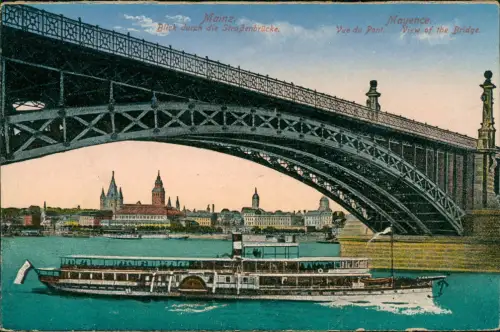 Ansichtskarte Mainz Blick durch die Straßenbrücke Rhein-Brücke 1924