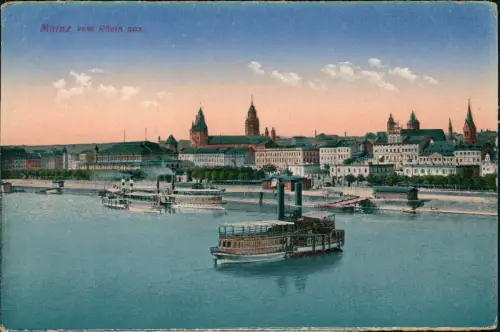 Ansichtskarte Mainz Panorama-Ansicht Blick auf Stadt und Rhein-Schiffe 1920