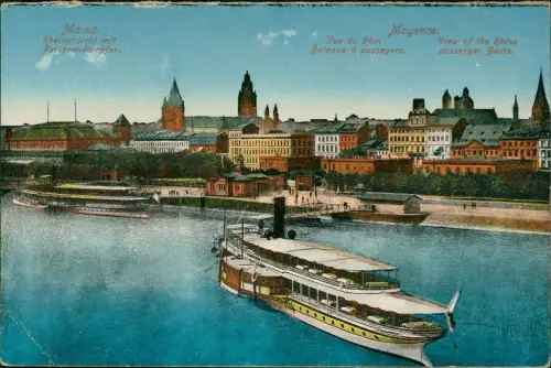 Ansichtskarte Mainz Panorama-Ansicht Rhein Partie mit Schiffen 1920